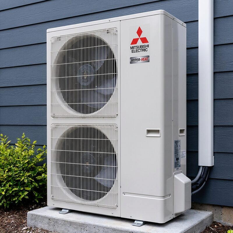 Mitsubishi Electric Hyper-Heat 42,000 BTU outdoor heat pump beside a home
